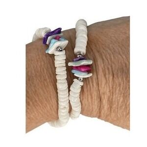 Vintage Pukka Shell Bracelet Set Chunky Seashell White Green Pink Purple Beach